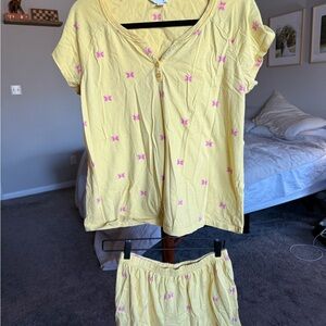 Charter Club Yellow Short Sleeve Pajama Set with Pink Butterfly Print